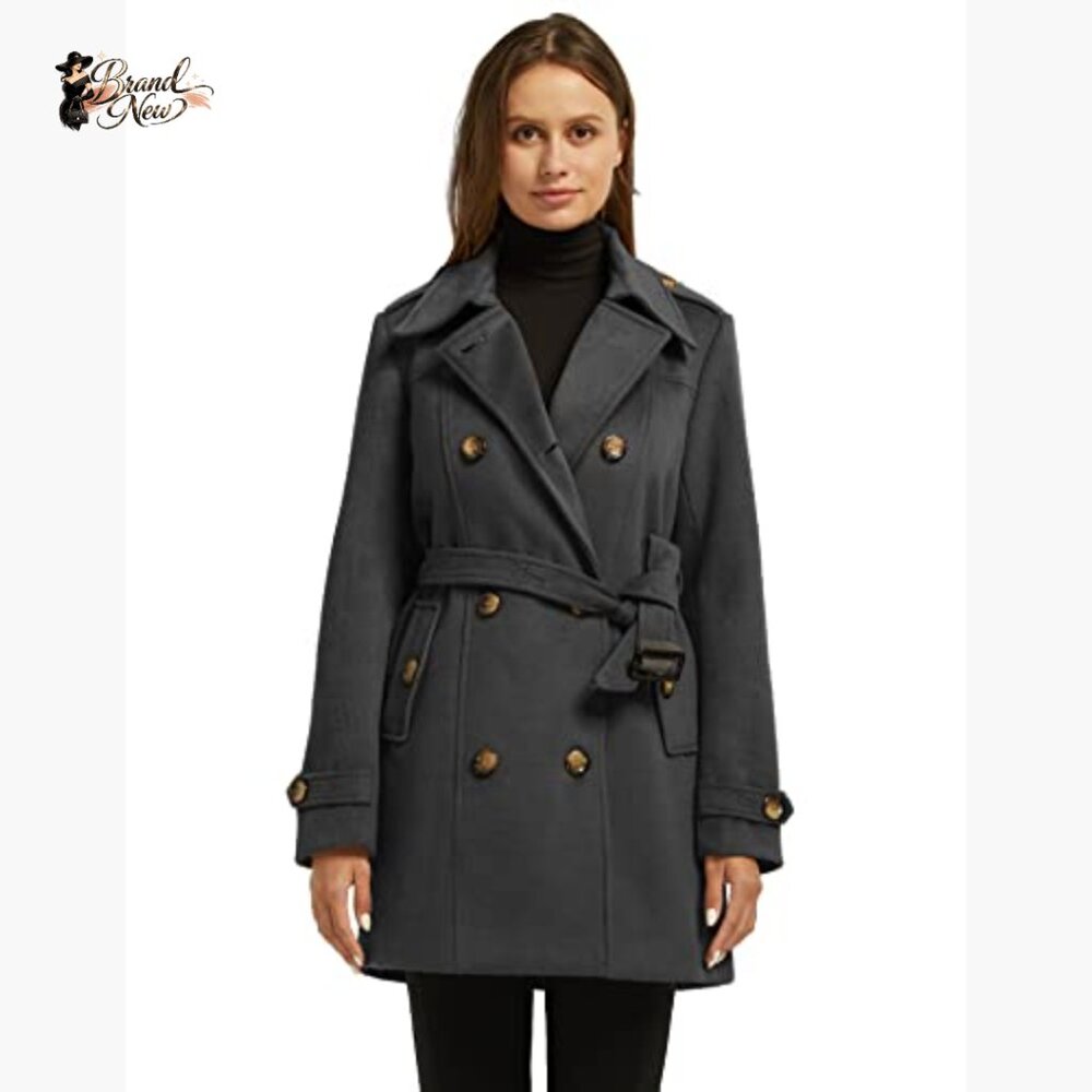 Polyester Double Breasted Pea Coat With Belt Wind… - image 2